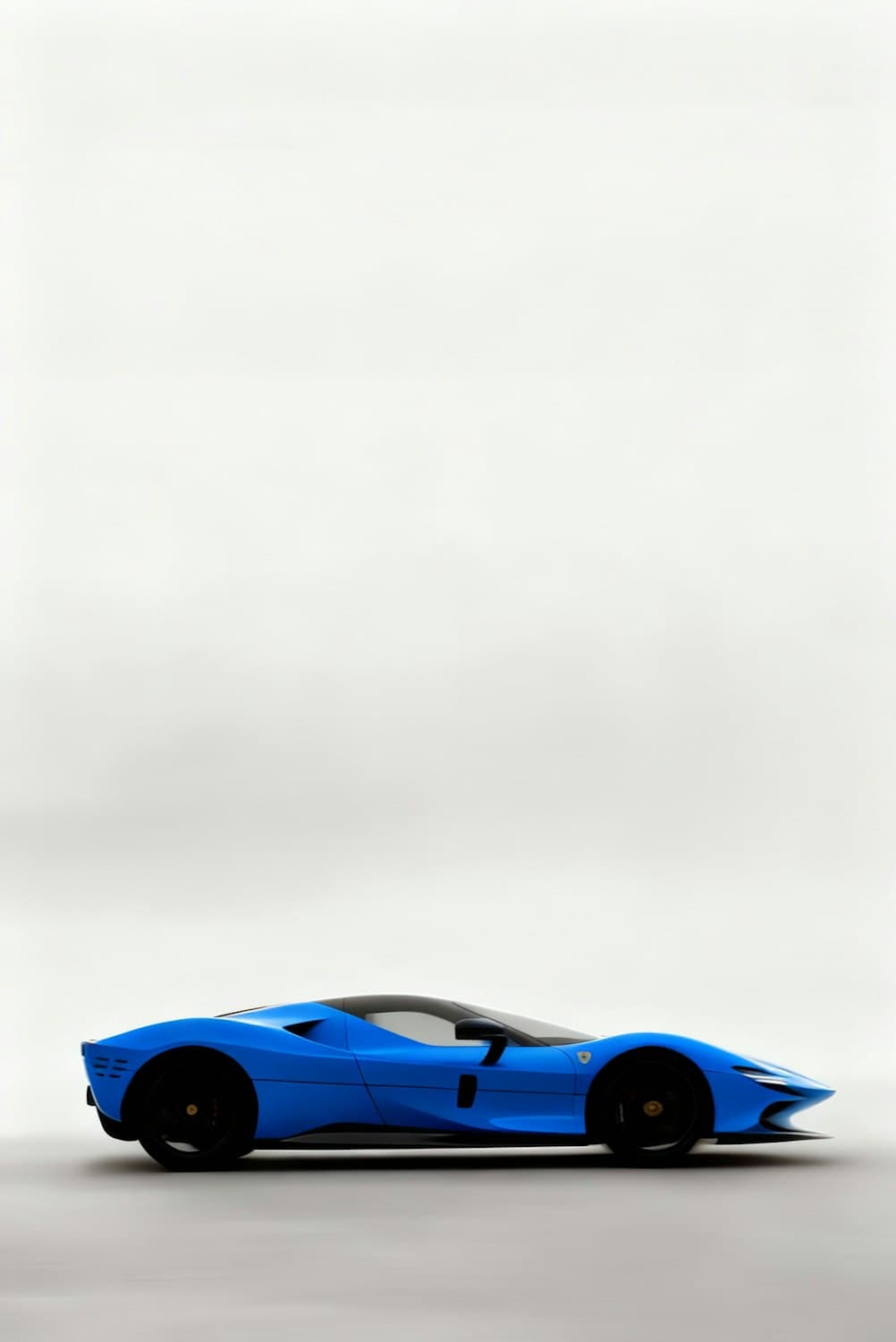 A blue grand tourer photographed head-on in a clean studio setting