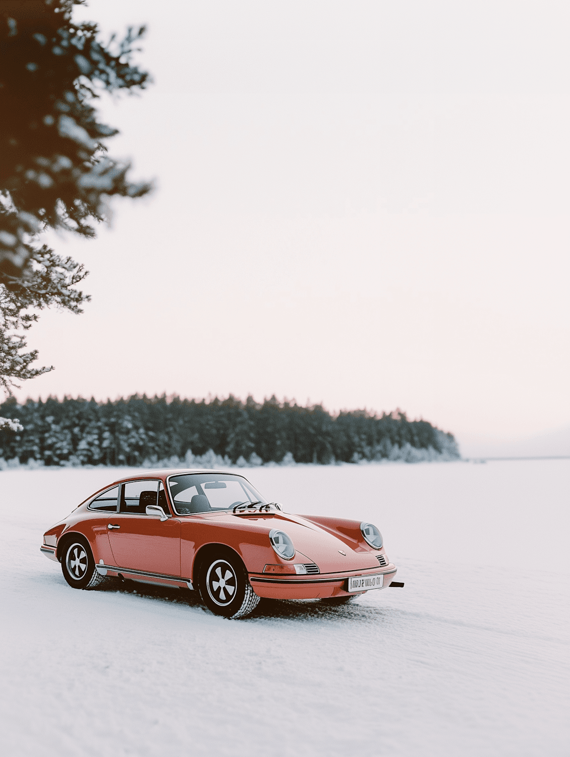 Guards Red Porsche 911 Turbo S parked on a snow-covered road lined with winter trees