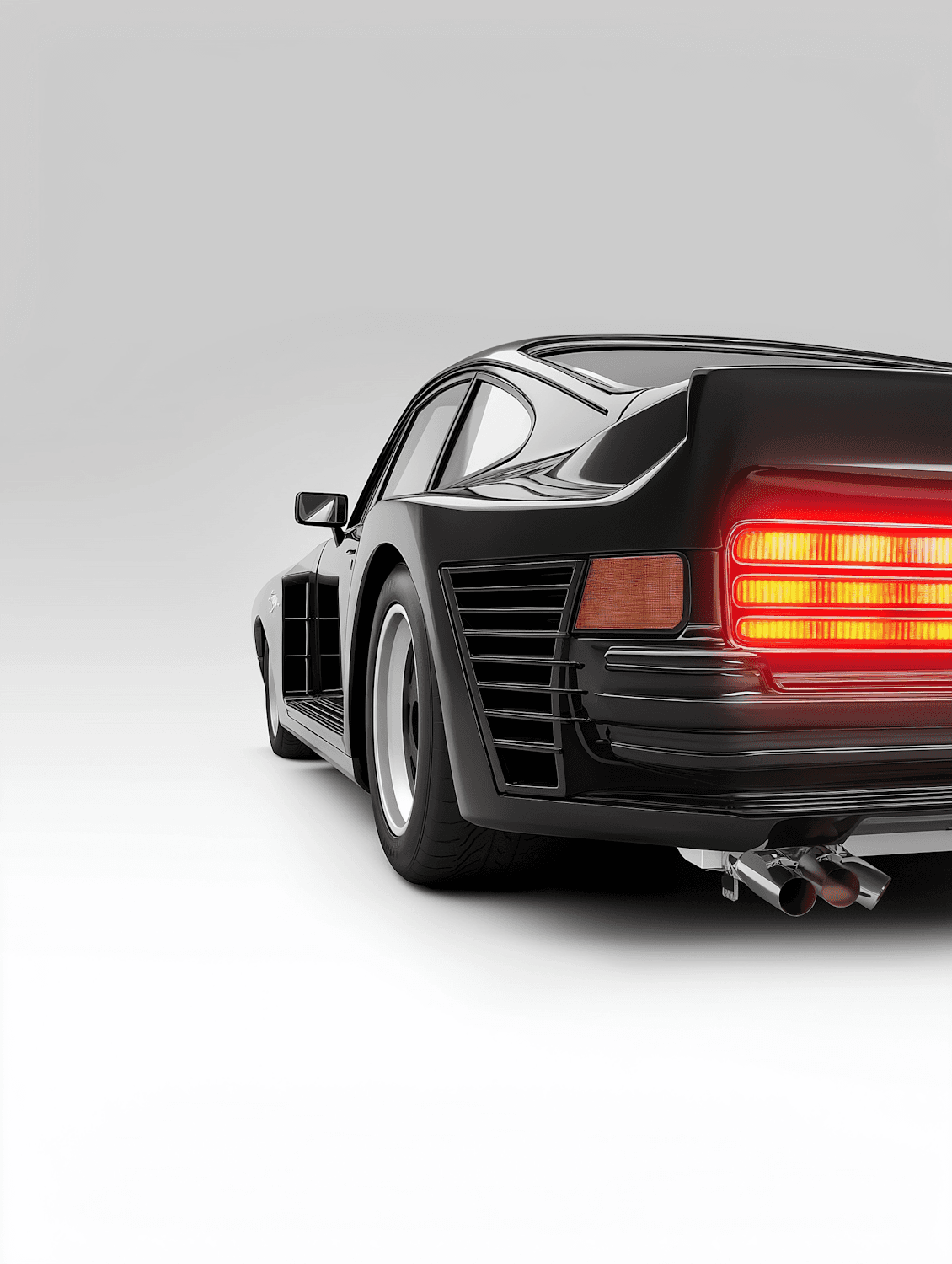 A black supercar photographed from the rear in low light, tail lights lit